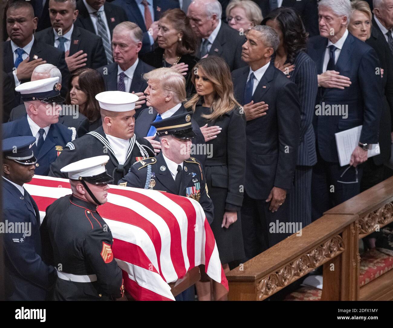 National funeral service in honor of the late former United States President George H.W. Bush at the Washington National Cathedral in Washington, DC on Wednesday, December 5, 2018. Visible in the frame are former US Vice President Dan Quayle, Marilyn Quayle, US President Donald J. Trump, first lady Melania Trump, former US President Barack Obama former US President Bill Clinton and former US Secretary of State Hillary Rodham Clinton.Photo by Ron Sachs / CNP/ABACAPRESS.COM Stock Photo