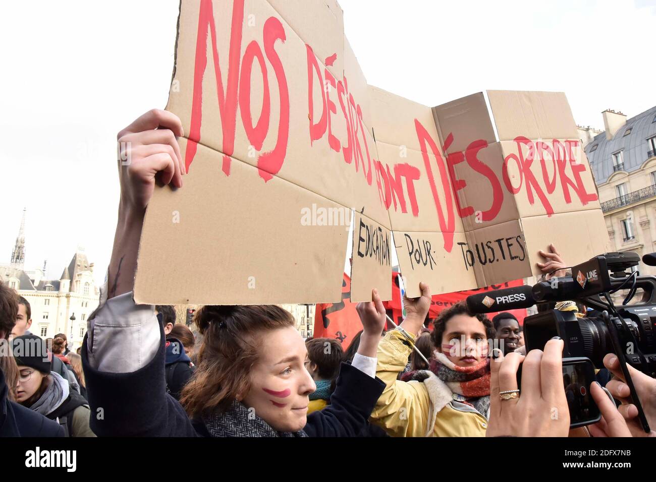 Students protest during a demonstration at Place SaintMichel, Paris