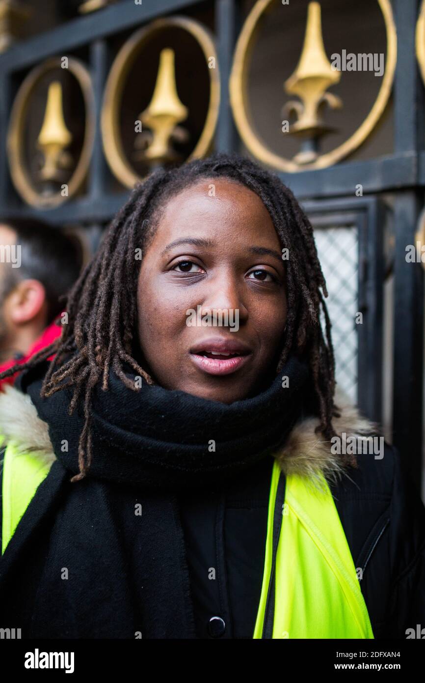 Portrait of Yellow Vest (Gilets Jaunes) Priscilla Ludosky, spokesman of the  Gilet Jaune, at the place de l'Opera in front of the Opera Garnier, in  Paris on December 15, 2018, during a