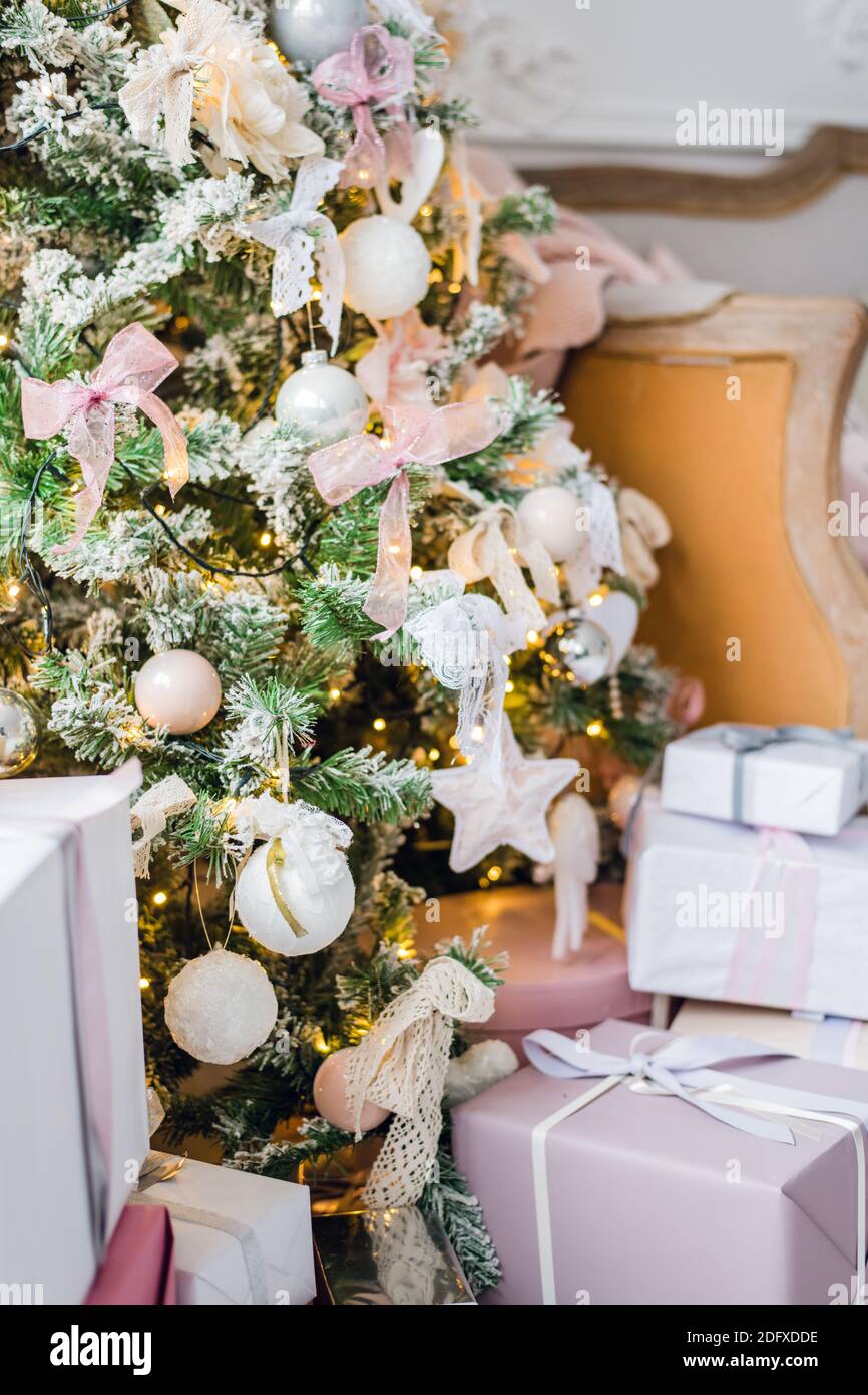 Christmas gift or present box wrapped in kraft paper Stock Photo