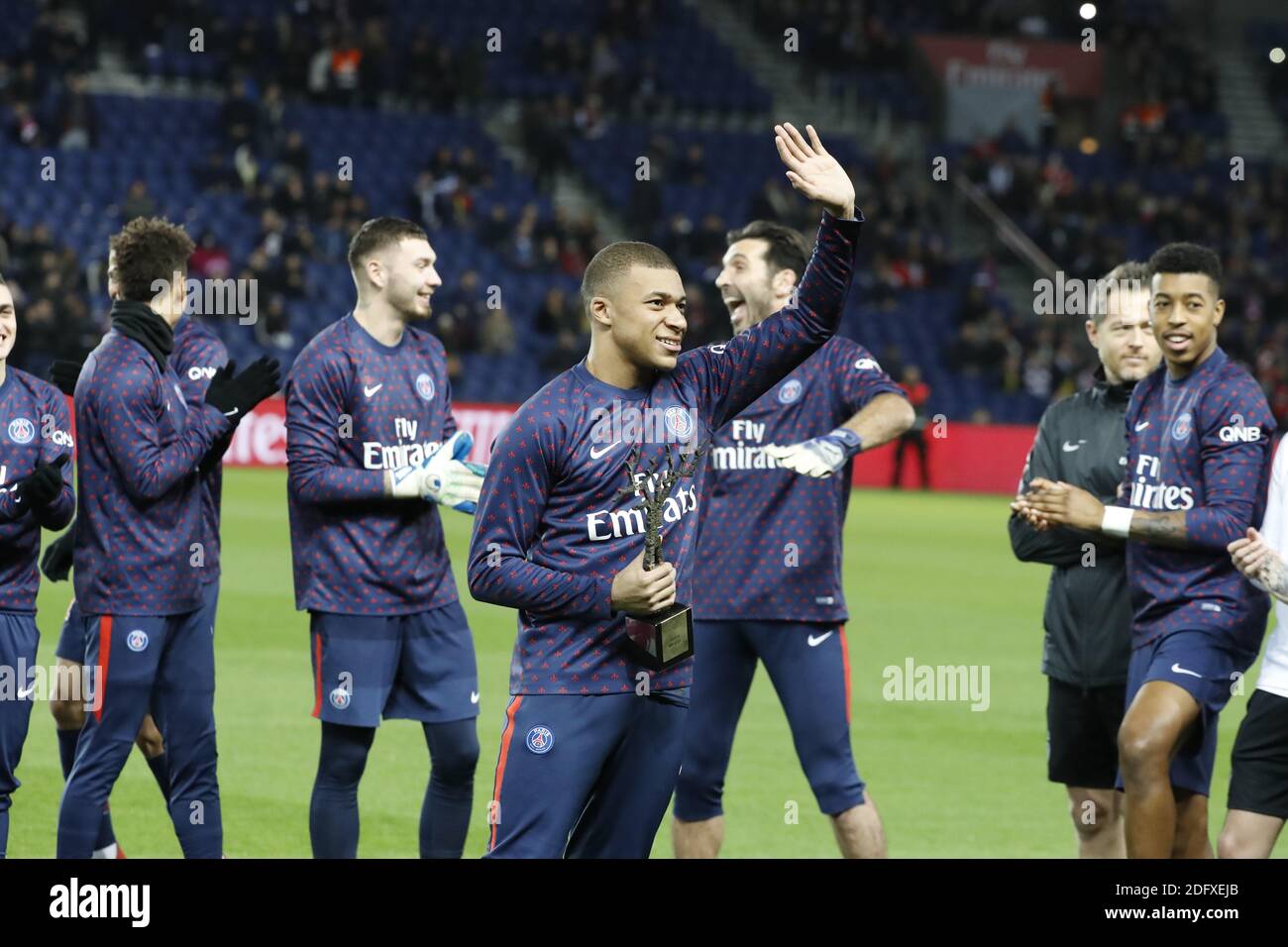 PSG's Kylian Mbappe presenting his 'Kopa Trophy' for 2018 before the French First League soccer match, PSG vs Nantes in Parc des Princes, France, on December 22nd, 2018. PSG won 1-0. Photo by Henri Szwarc/ABACAPRESS.COM Stock Photo