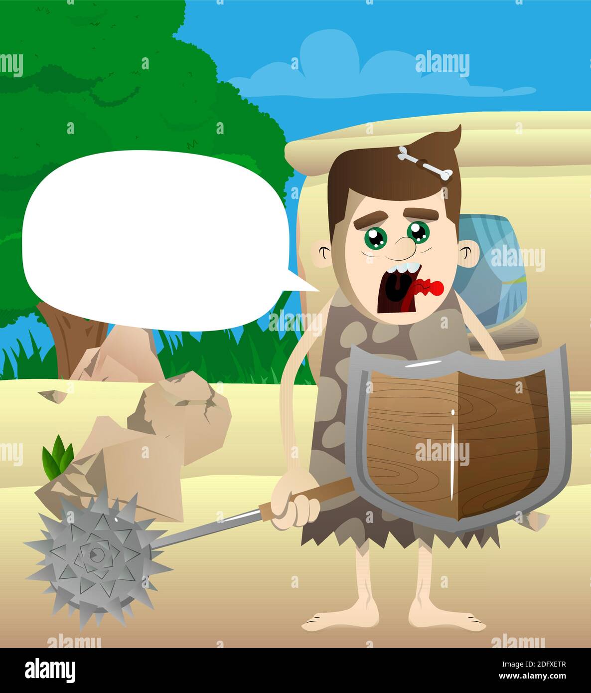 Cartoon man from a prehistoric era holding a spiked mace and shield. Vector illustration of a man from the stone age with ancient weapons. Stock Vector