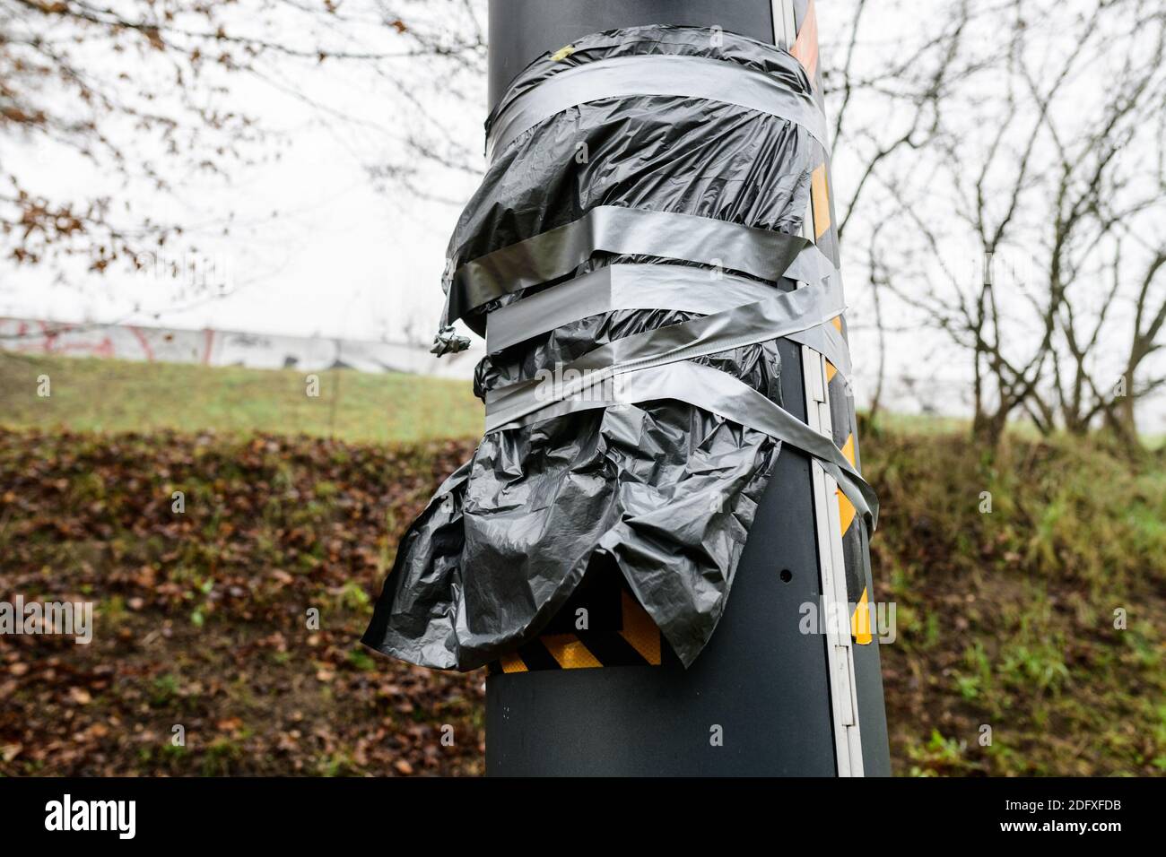 Speed cameras put out of orders during the Yellow Vests "Gilet Jaunes"  events, who were trigerred by a raise on tax for diesel gazoline, on D2060  north of Orléans, Centre, France, December