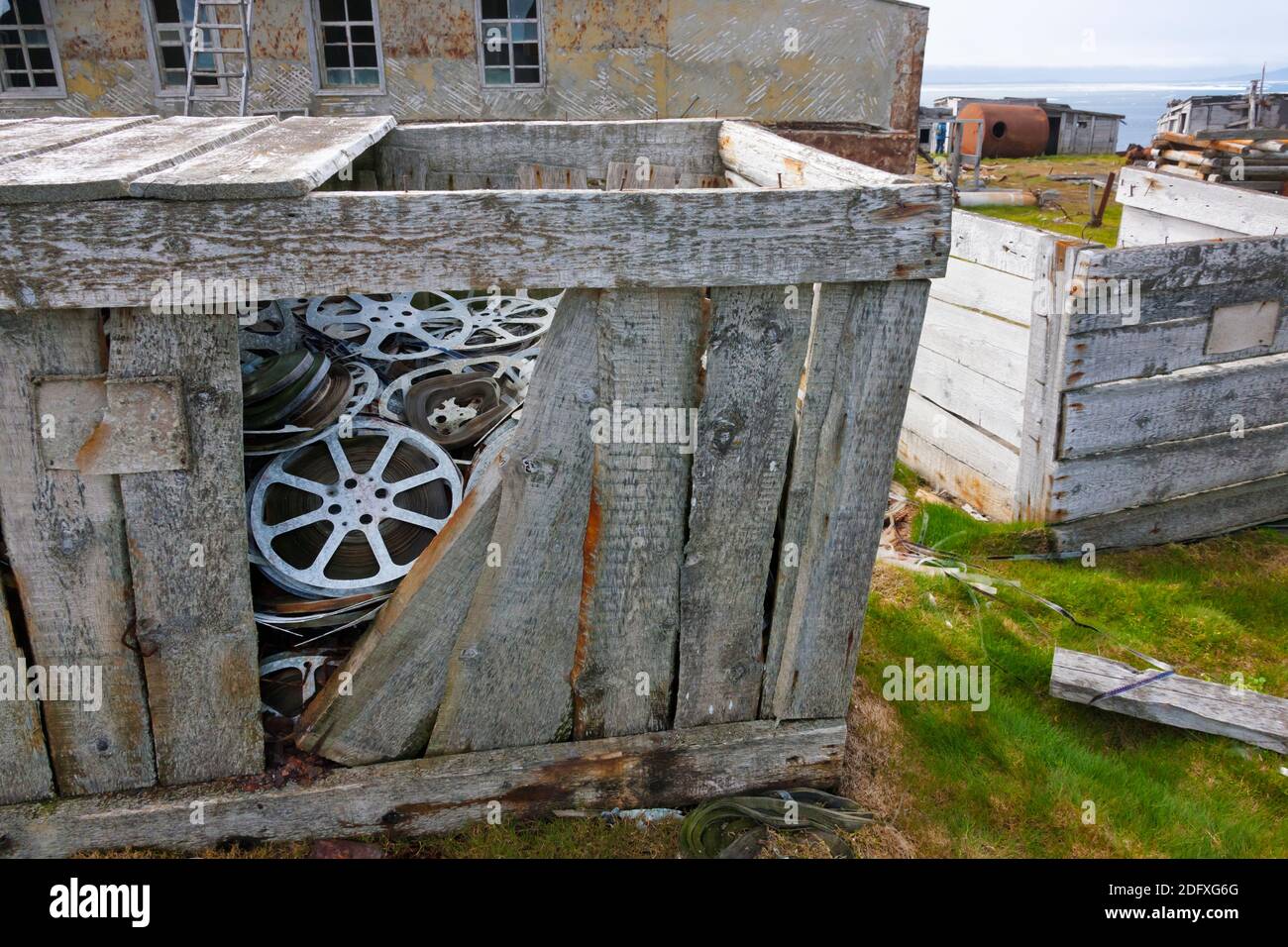 Abandoned movie films, Kolyuchin Island, once an important Russian Polar Research Station, Bering Sea, Russian Far East Stock Photo