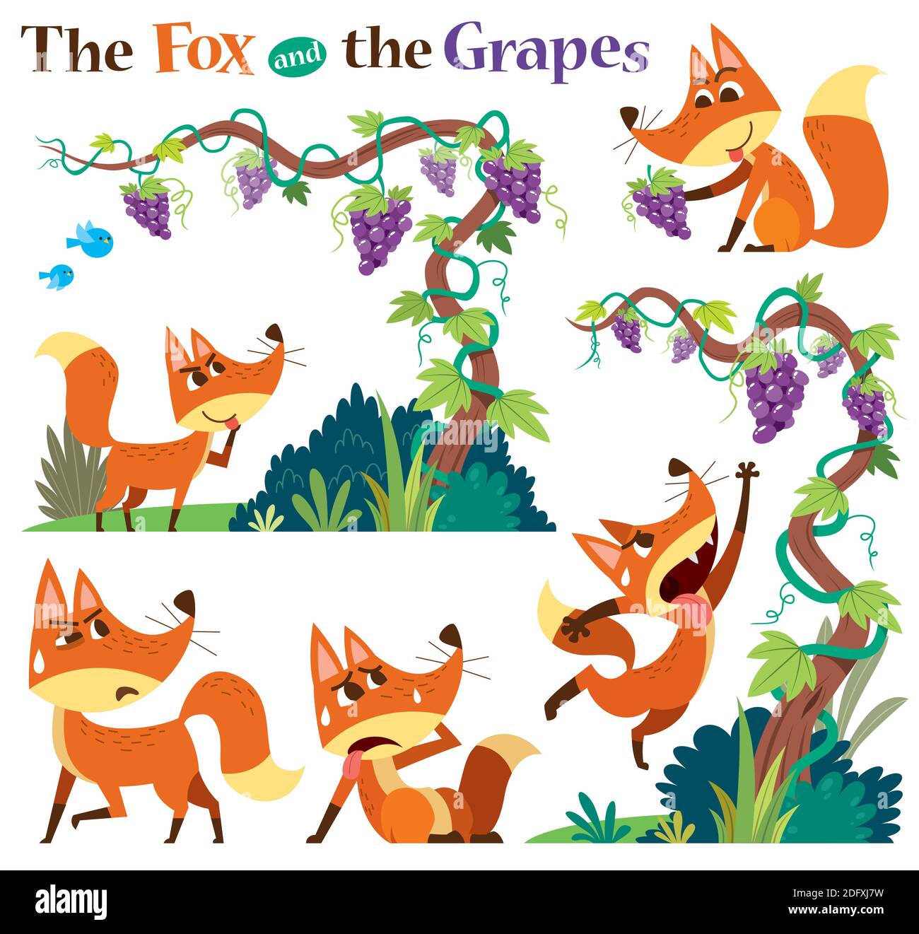 Vector Illustration of Cartoon characters The Fox and the Grapes.  Children's Fairy tale Stock Vector Image & Art - Alamy