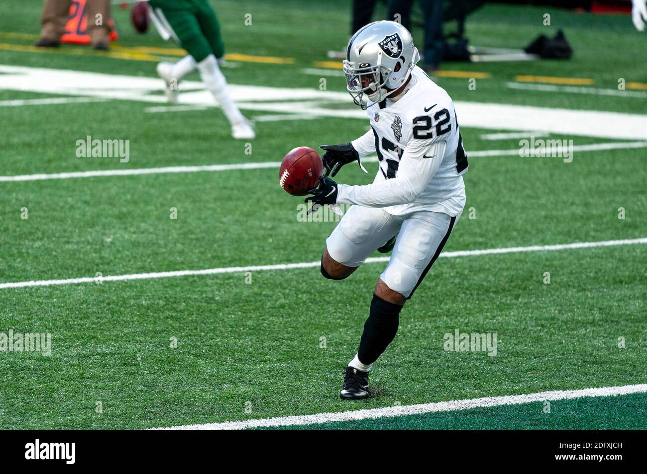 December 6, 2020, Las Vegas Raiders cornerback Keisean Nixon (22) tries to  keep the ball out of the end zone on the punt during the NFL game between  the Las Vegas Raiders