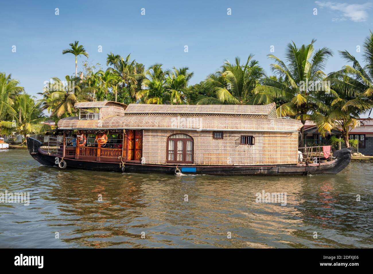 Traditional houseboat at beautiful backwaters in Alleppey, Kerala, India Stock Photo