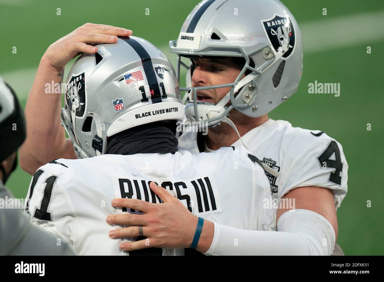 East Rutherford, New Jersey, USA. 6th Dec, 2020. Las Vegas Raiders wide  receiver Henry Ruggs III (11) reacts to the touchdown with quarterback  Derek Carr (4) during the NFL game between the