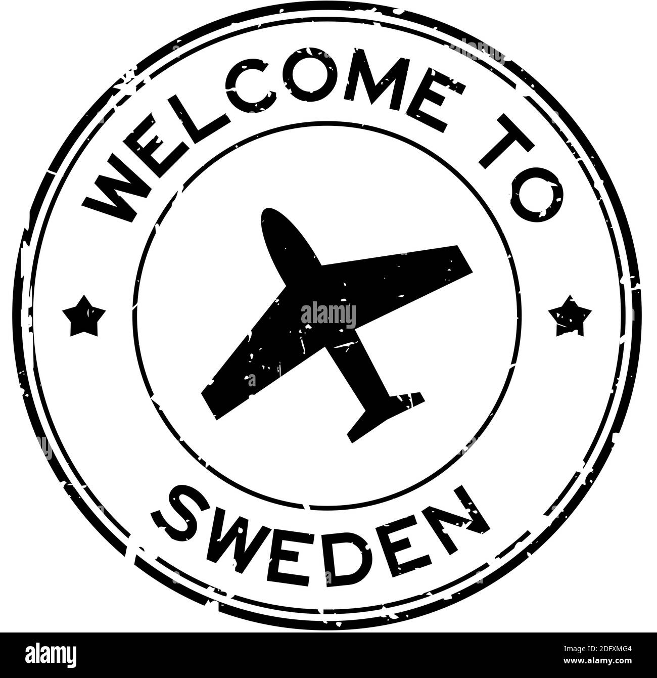 Grunge black welcome to Sweden word with airplane icon round rubber seal stamp on white background Stock Vector