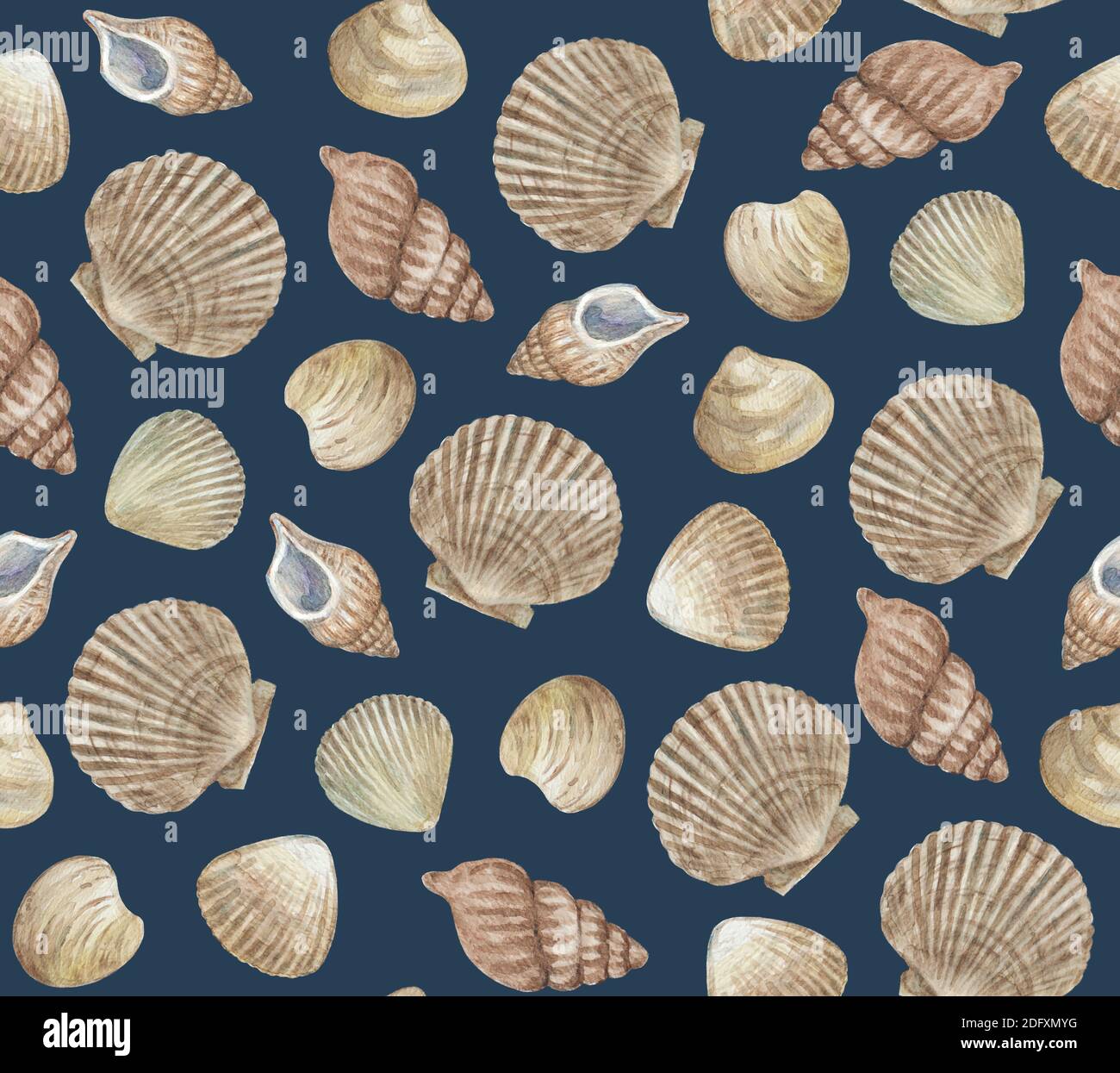 Vintage retro seamless pattern with sea shells. Watercolor painting ...