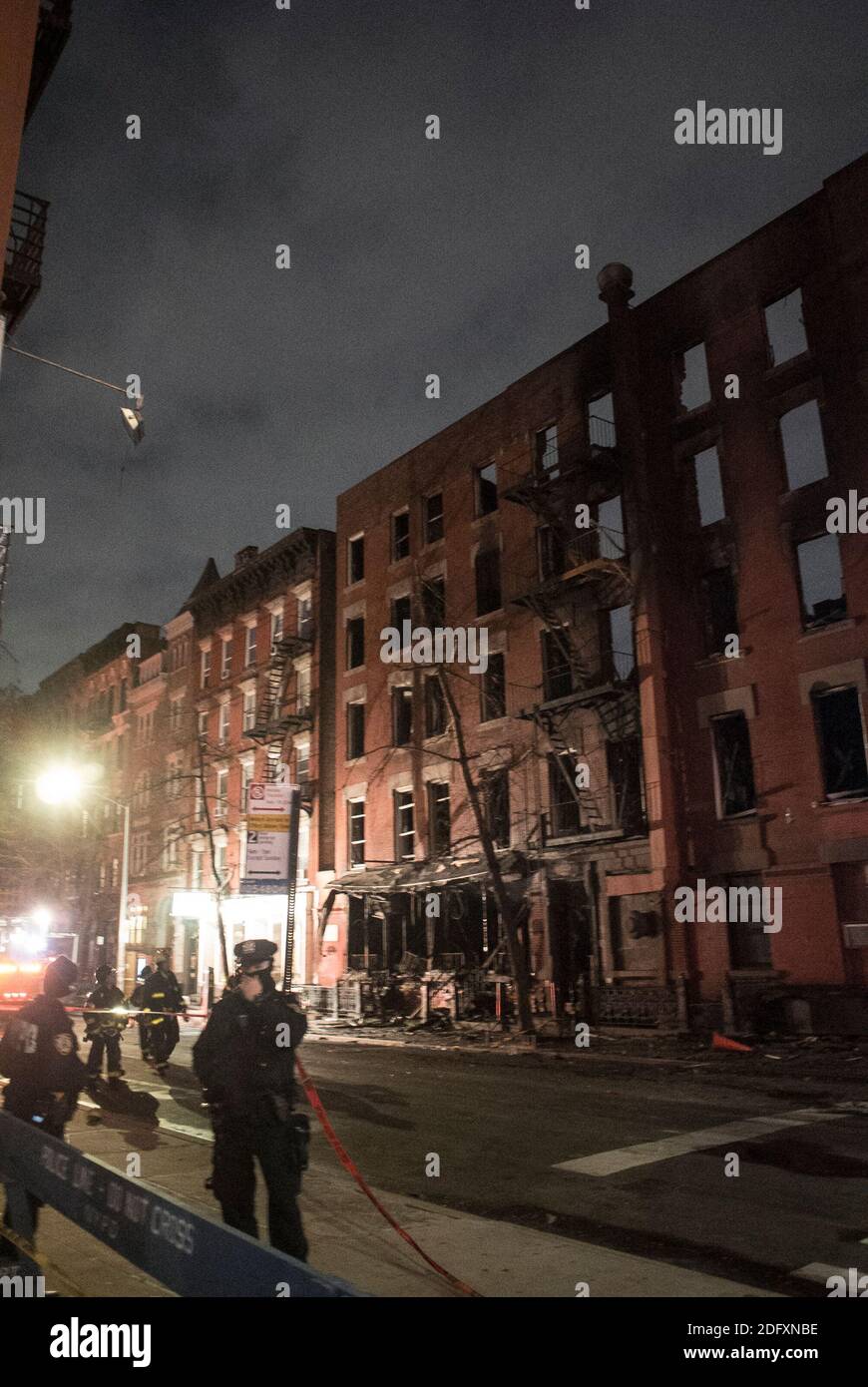 December 5, 2020, New York City, New York, U.S: Massive Fire Devastates Historic Church In East Village. The six-alarm fire started in a vacant building at East Seventh Street and Second Avenue before spreading to Middle Collegiate Church. The fire, which broke out just before 5 a.m. in a vacant building, quickly spread to Middle Collegiate Church as well as another nearby building on East Seventh Street, FDNY Assistant Chief John Hodgens said Saturday morning. Built in 1892, the church is home to the oldest congregation of the Collegiate Churches of New York, which date to the Dutch settlemen Stock Photo