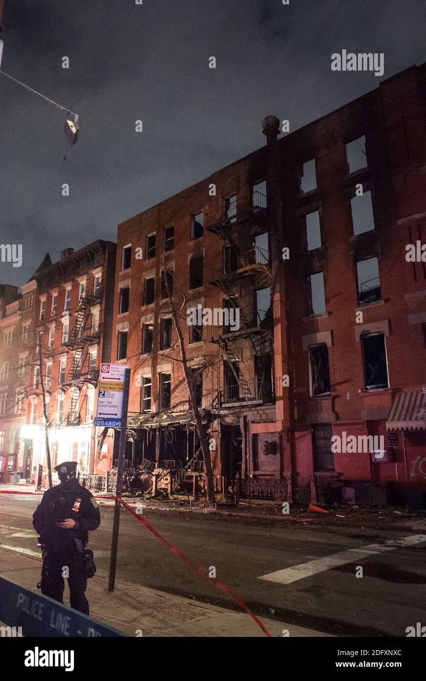 December 5, 2020, New York City, New York, U.S: Massive Fire Devastates Historic Church In East Village. The six-alarm fire started in a vacant building at East Seventh Street and Second Avenue before spreading to Middle Collegiate Church. The fire, which broke out just before 5 a.m. in a vacant building, quickly spread to Middle Collegiate Church as well as another nearby building on East Seventh Street, FDNY Assistant Chief John Hodgens said Saturday morning. Built in 1892, the church is home to the oldest congregation of the Collegiate Churches of New York, which date to the Dutch settlemen Stock Photo