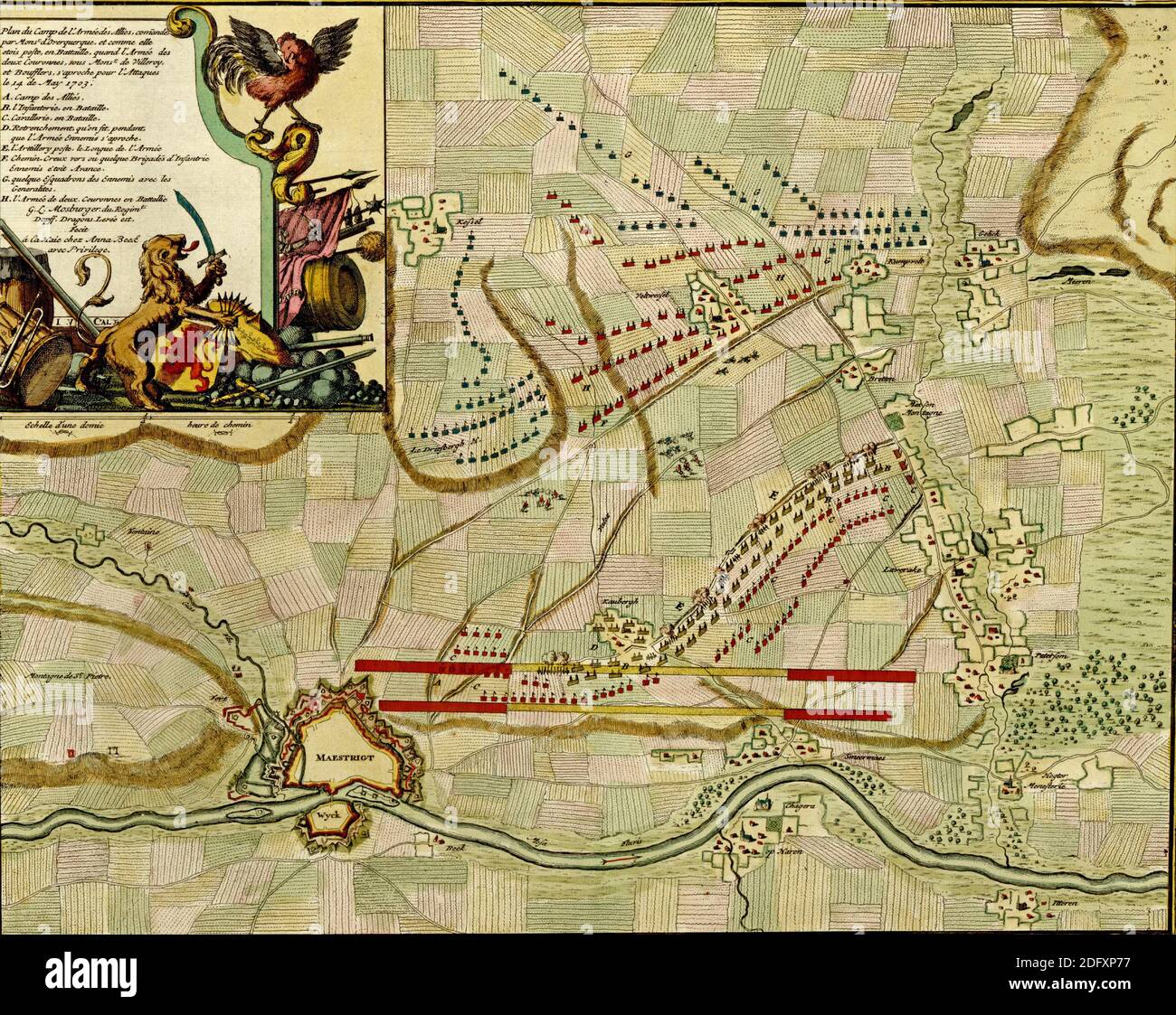 Antique map of battle of Maestrich (Maastricht), 1673,  from the Atlas of fortifications and battles, by Anna Beek and Gaspar Baillieu  Originally pub Stock Photo