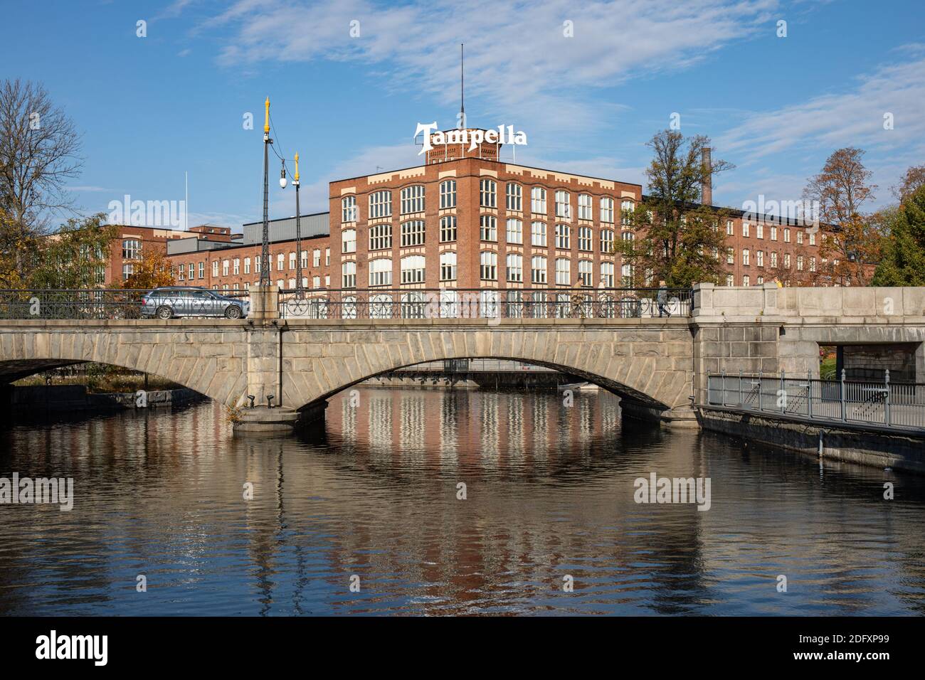 Satakunnansilta or Satakunta bridge over Tammerkoski, Tampella district in the background, in Tampere, Finland. Stock Photo