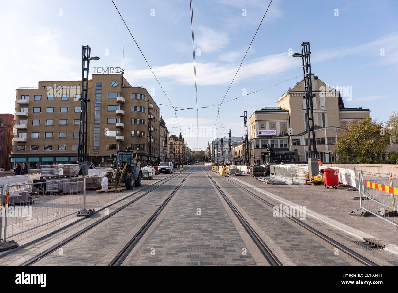 Hämeentie tramway tracks or grooved rails in Tampere, Finland Stock Photo