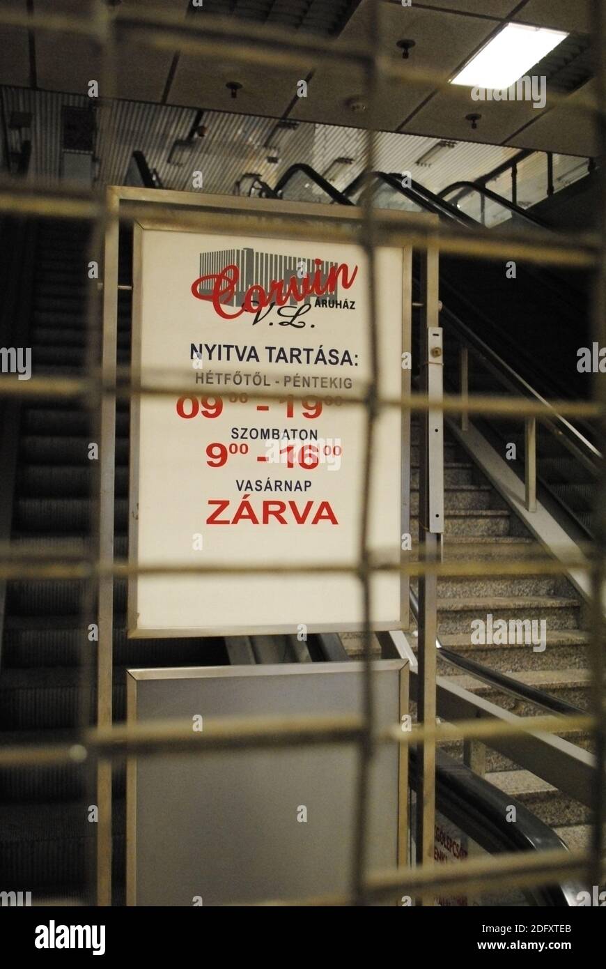 Escalators out of order in the Corvin department store, one of the oldest retail stores in Budapest. Currently closed, waiting for its renovation. Stock Photo