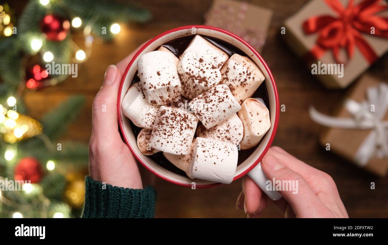 Hot chocolate or cocoa drink with marshmallows in female hands. Cozy comfort food for winter holidays Christmas, New Year time Stock Photo