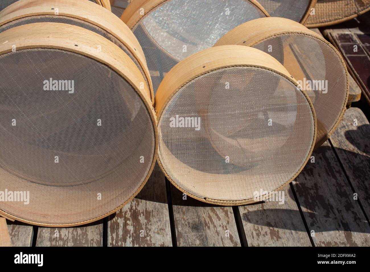 Traditional type sieves made of wood Stock Photo Alamy