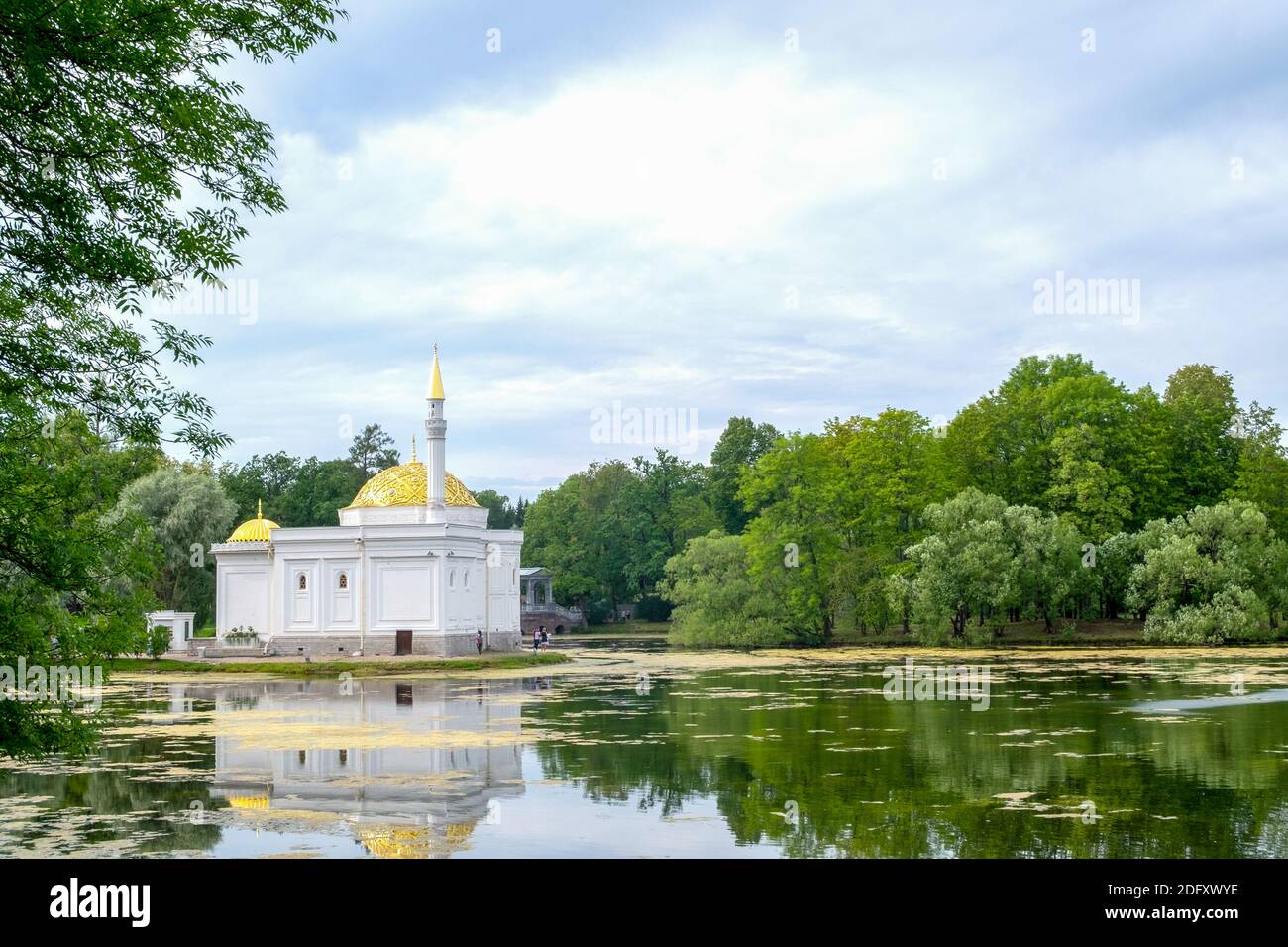 St. Petersburg, Pushkin, Russia. - August 22, 2020. View of the pond and the building of the Turkish Bath in Catherine Park. Local tourism, history, c Stock Photo