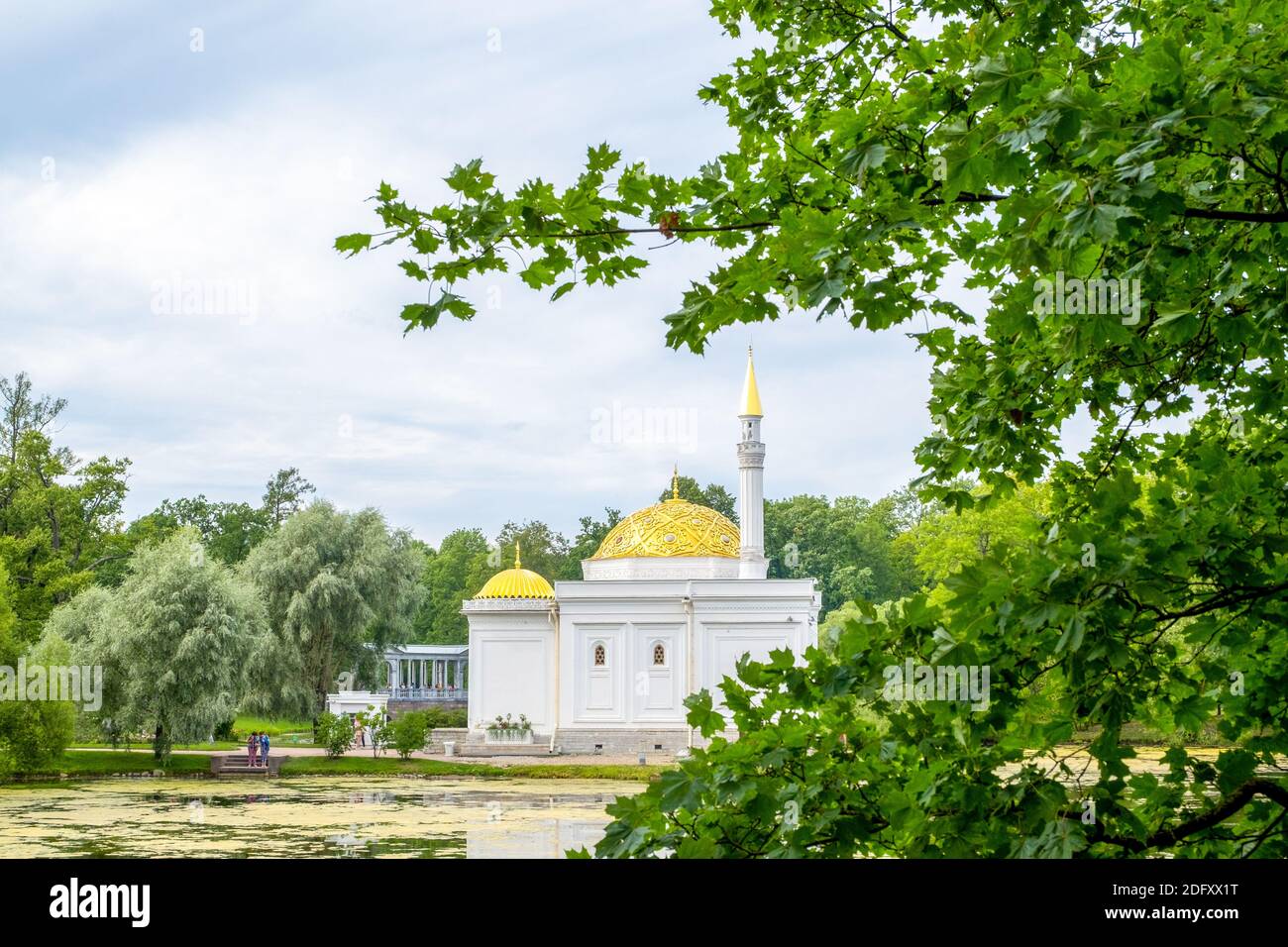 St. Petersburg, Pushkin, Russia. - August 22, 2020. View of the pond and the building of the Turkish Bath in Catherine Park. Local tourism, history, c Stock Photo