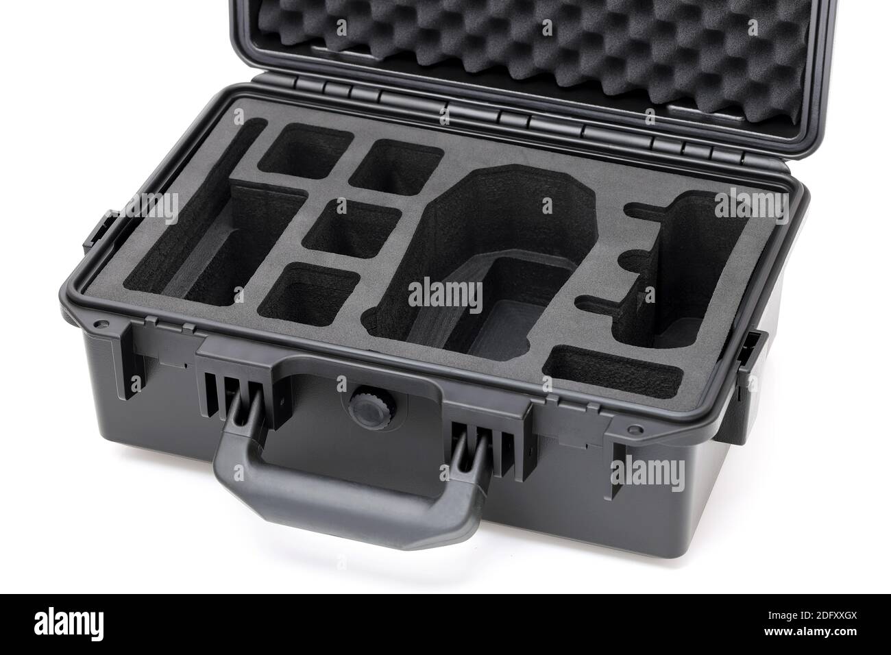 Open black hard plastic case with foam inside isolated on white