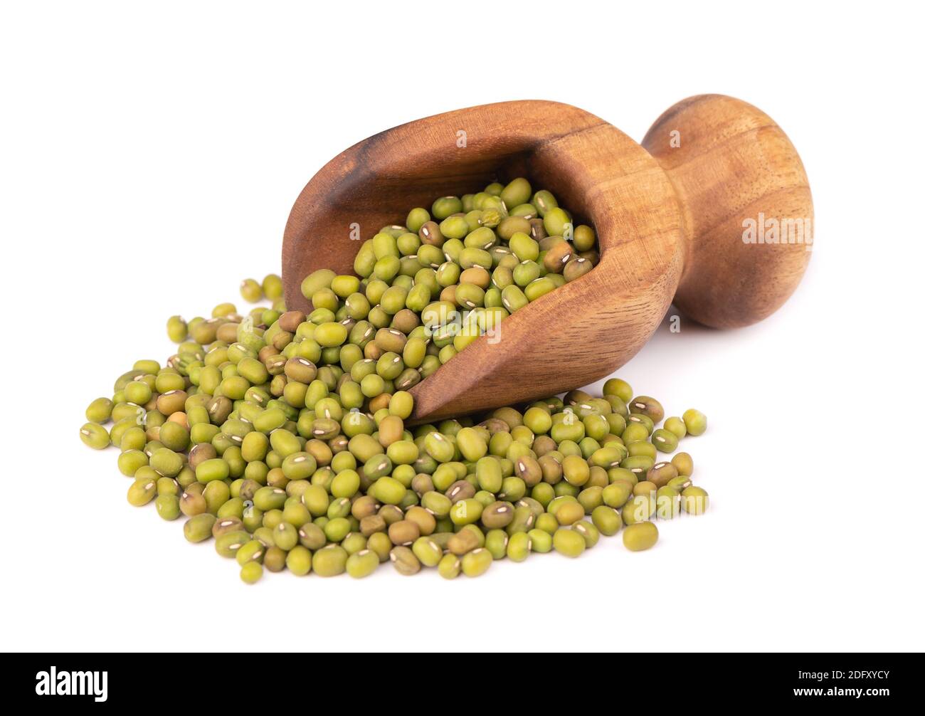 Mung beans in wooden scoop, isolated on white background. Vigna radiata. Stock Photo
