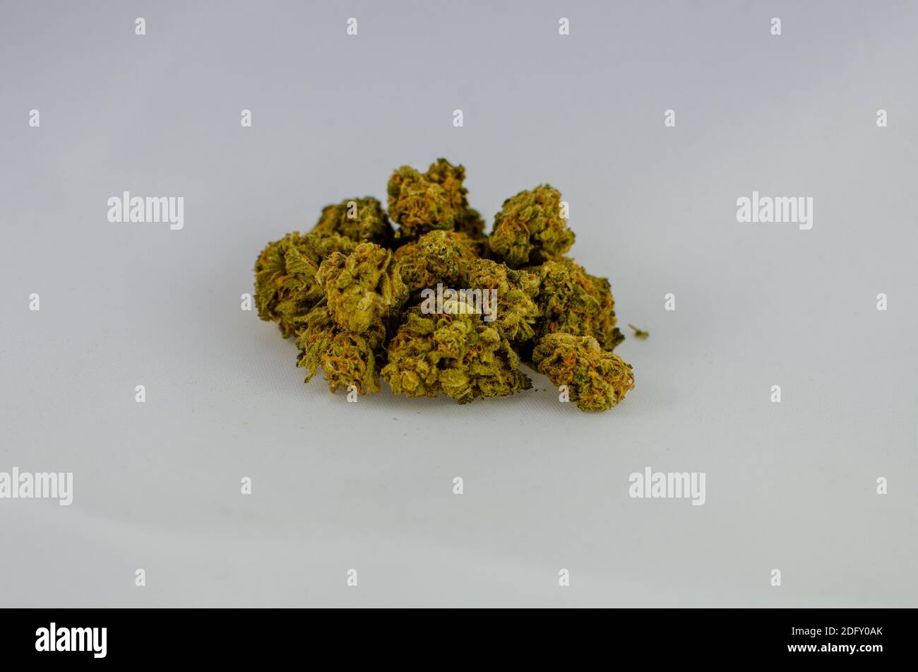 Close-up of La Strada Sativa strain dry flower cannabis buds in front of a white background Stock Photo