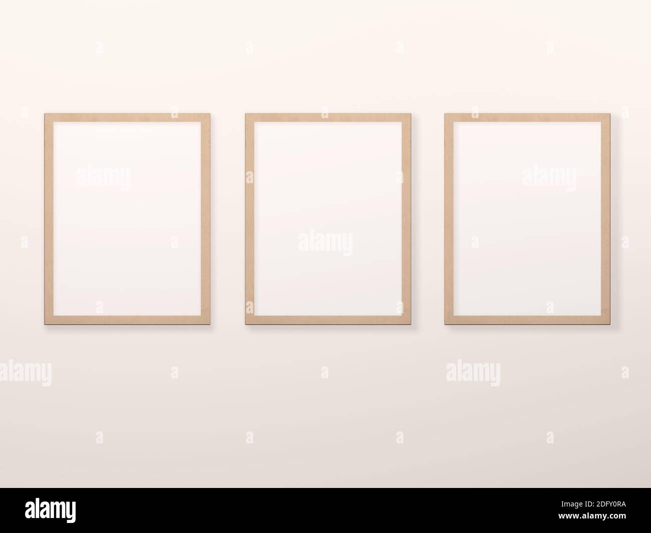 Three empty picture frames on wall. Home interior poster mockup with