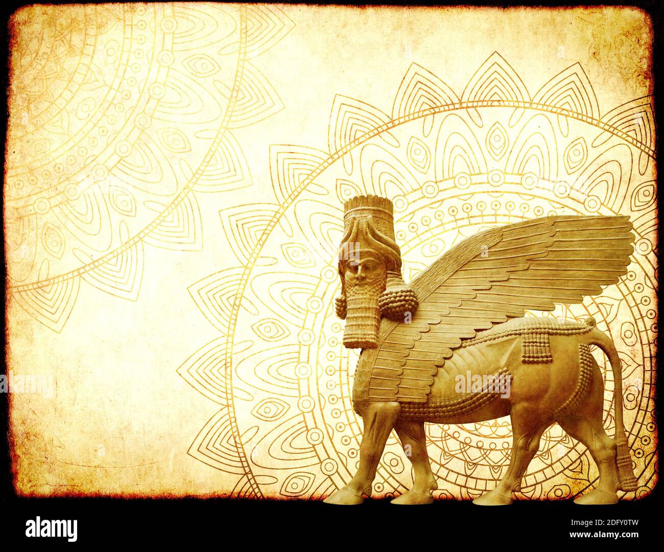 Grunge background with paper texture, zentangle mandala pattern and lamassu - human-headed winged bull statue, Assyrian protective deity. Copy space f Stock Photo