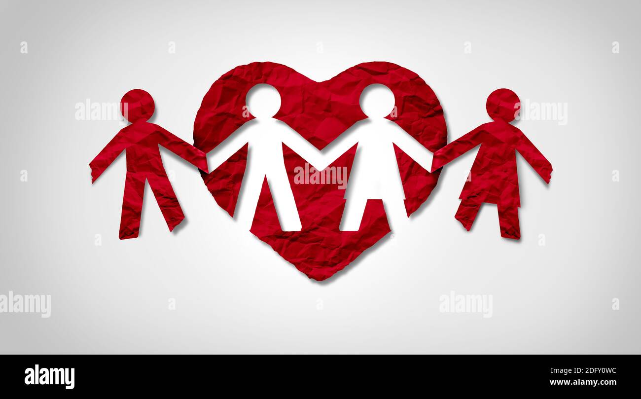 Love split up and relationship breakup or breaking a marriage or romantic partner as a paper heart with two people divided apart and an unhappy couple Stock Photo