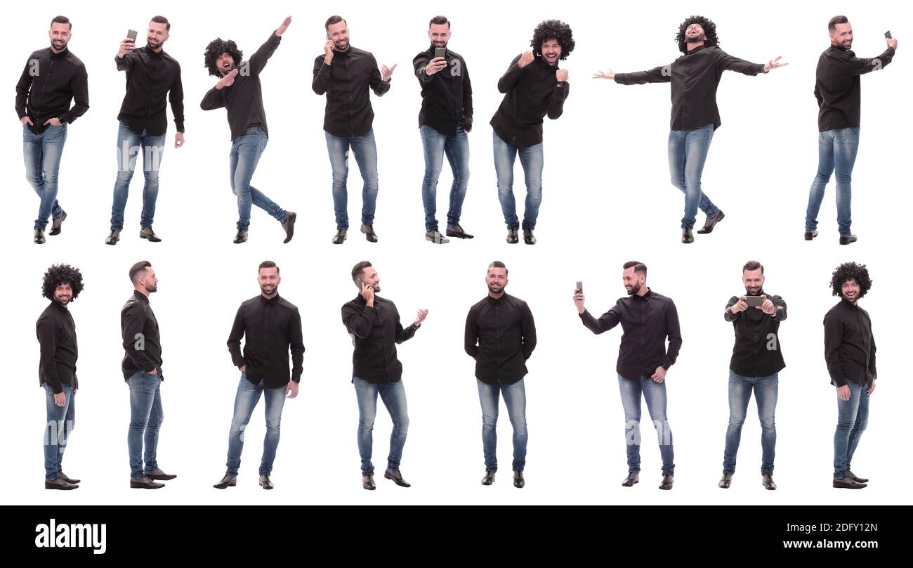collage of photos of a cheerful young man in jeans Stock Photo - Alamy