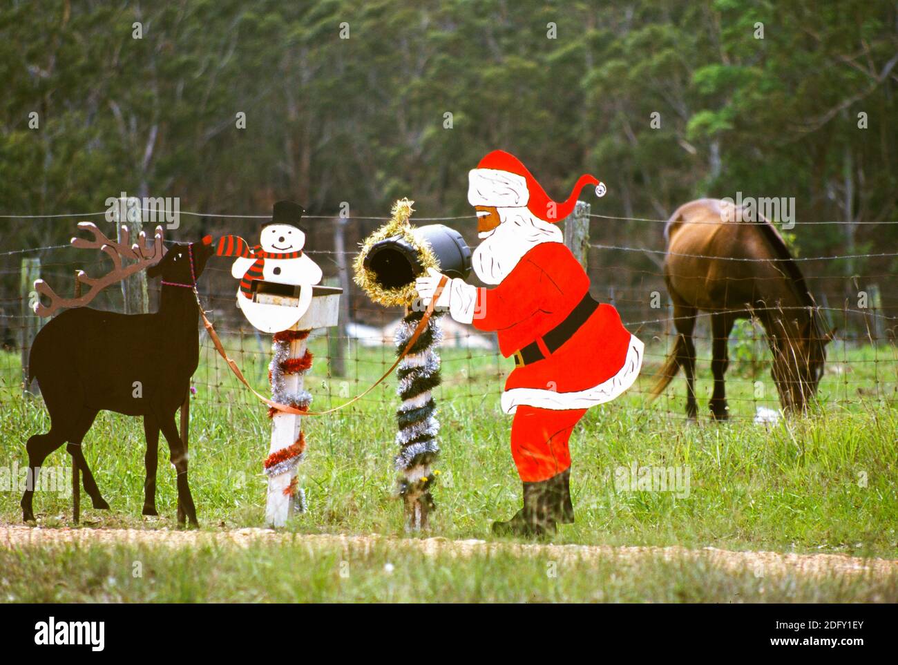 Christmas decorations mounted on a farm fence in rural Australia ...
