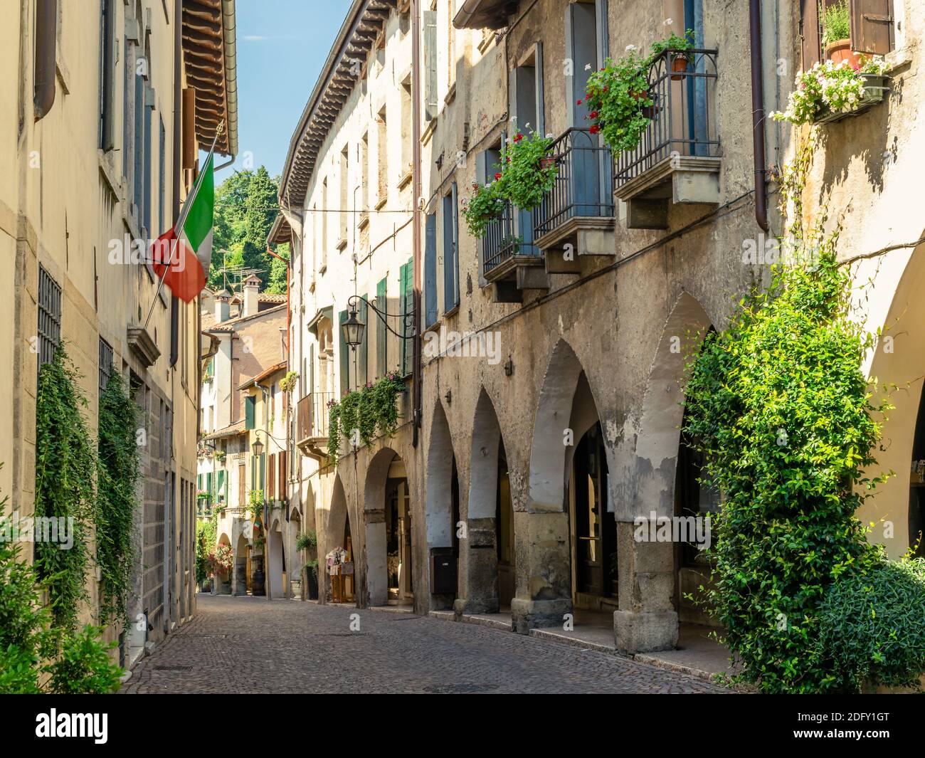 View of the arcades of the ancient village of Asolo in summer, Treviso, Italy Stock Photo