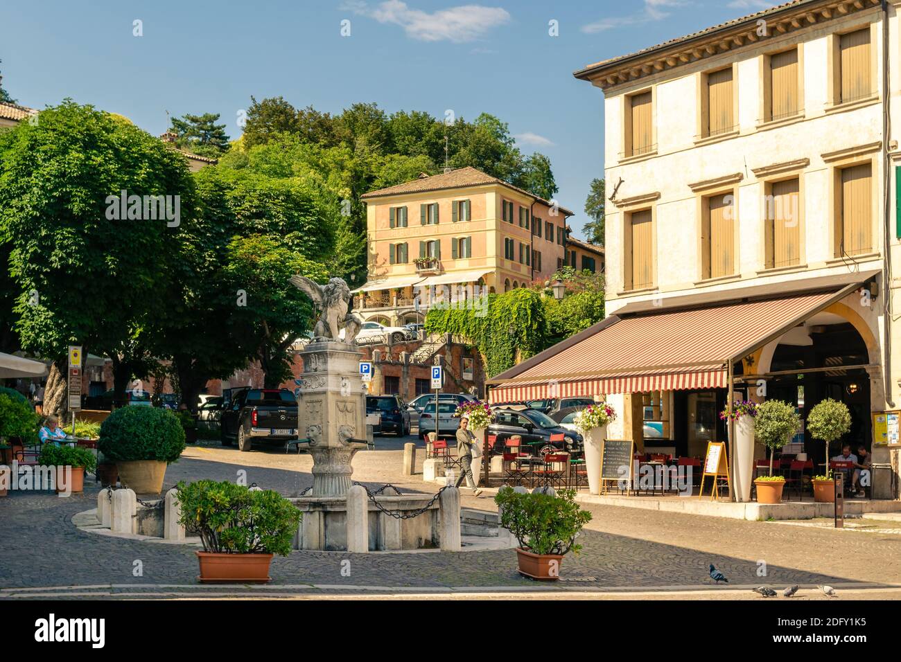 View of the main square of the ancient village of Asolo in summer, Treviso, Italy Stock Photo
