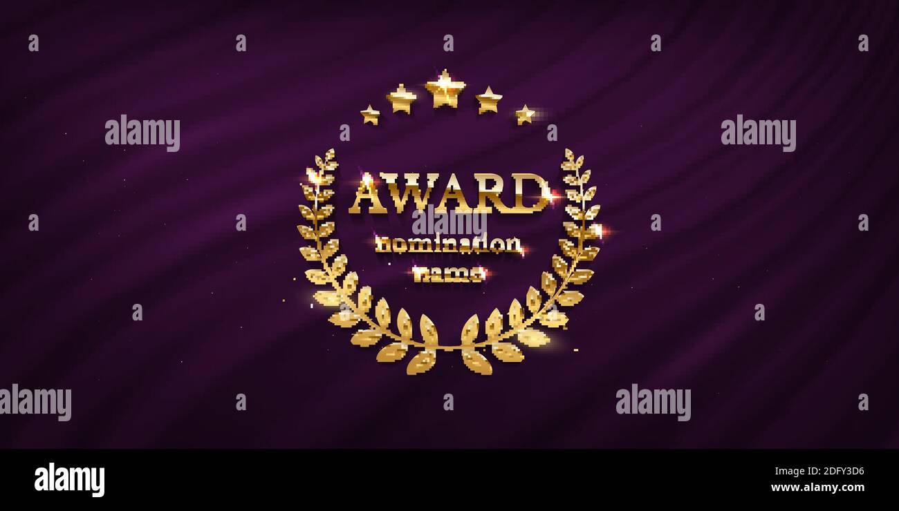 Award nomination emblem, stage in spotlight with purple curtain