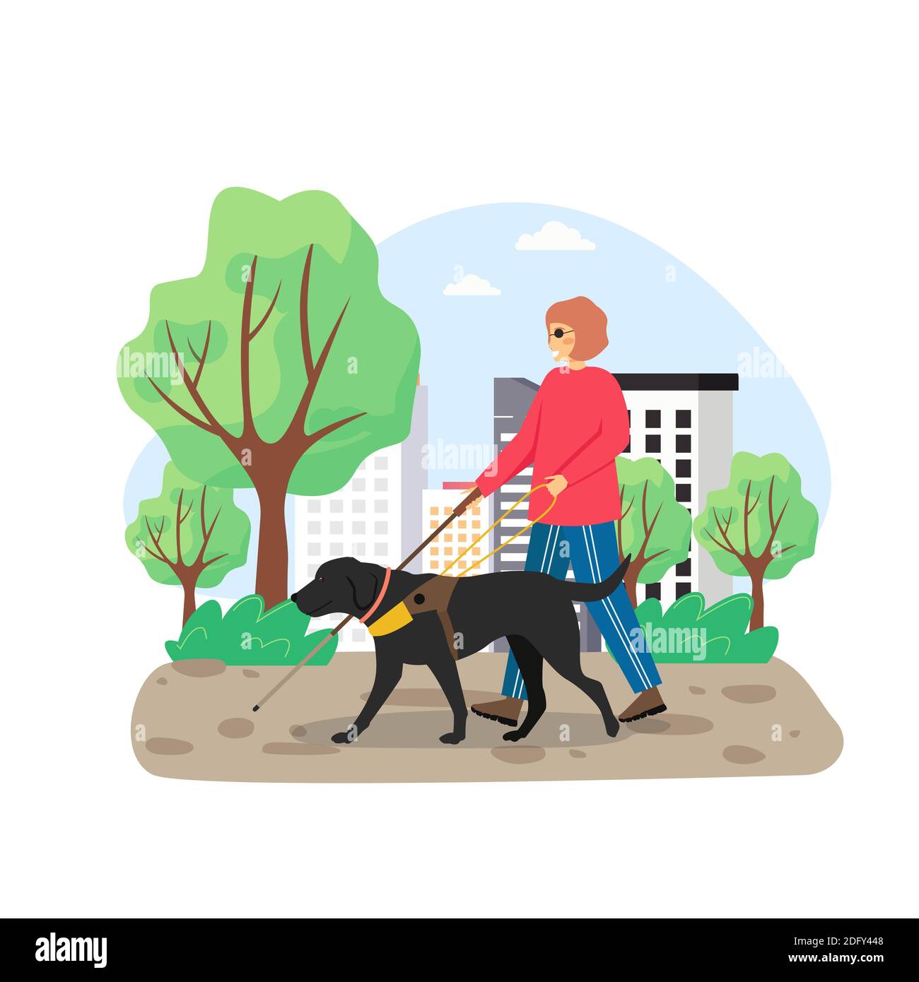Blind woman walking with stick and guide dog in city park, flat vector illustration. Stock Vector