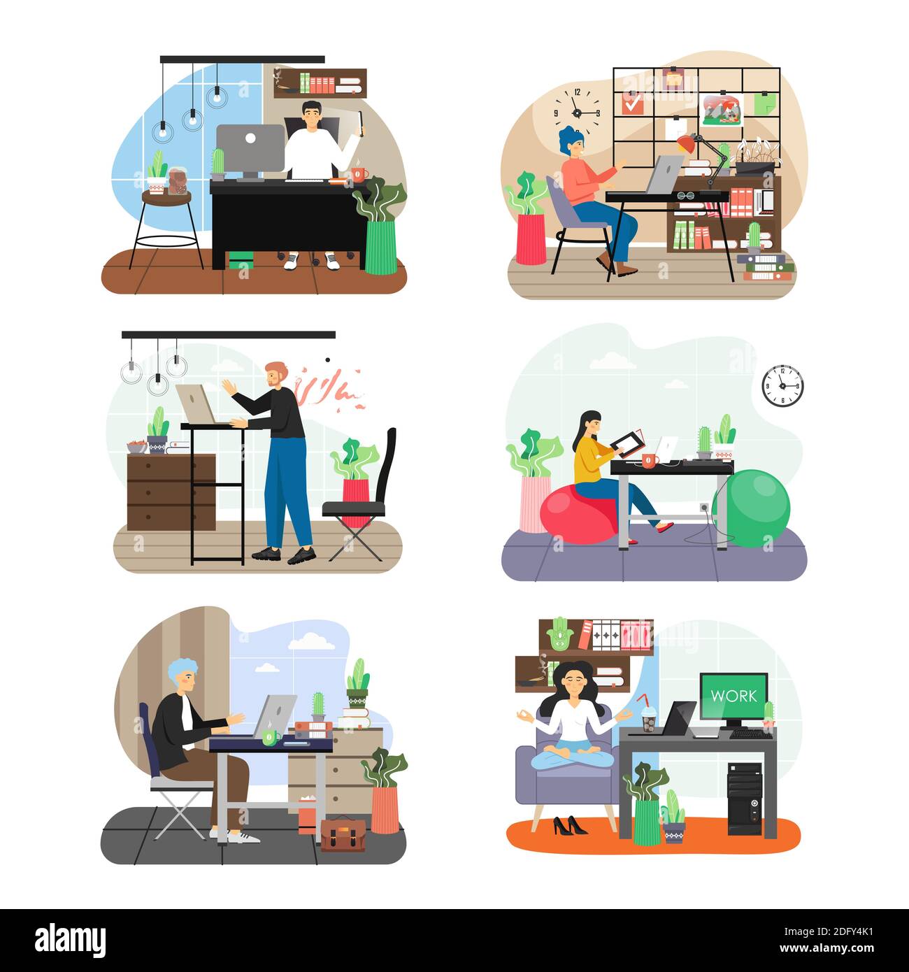 Office scene set, flat vector illustration. Business people working on ...