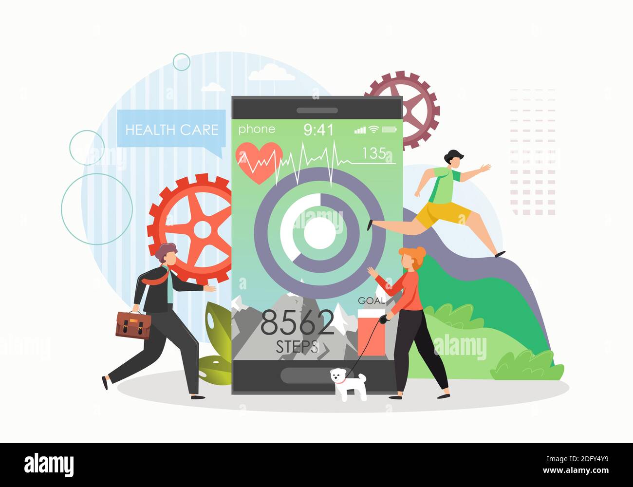 People tracking daily steps, walking distance, flat vector illustration ...