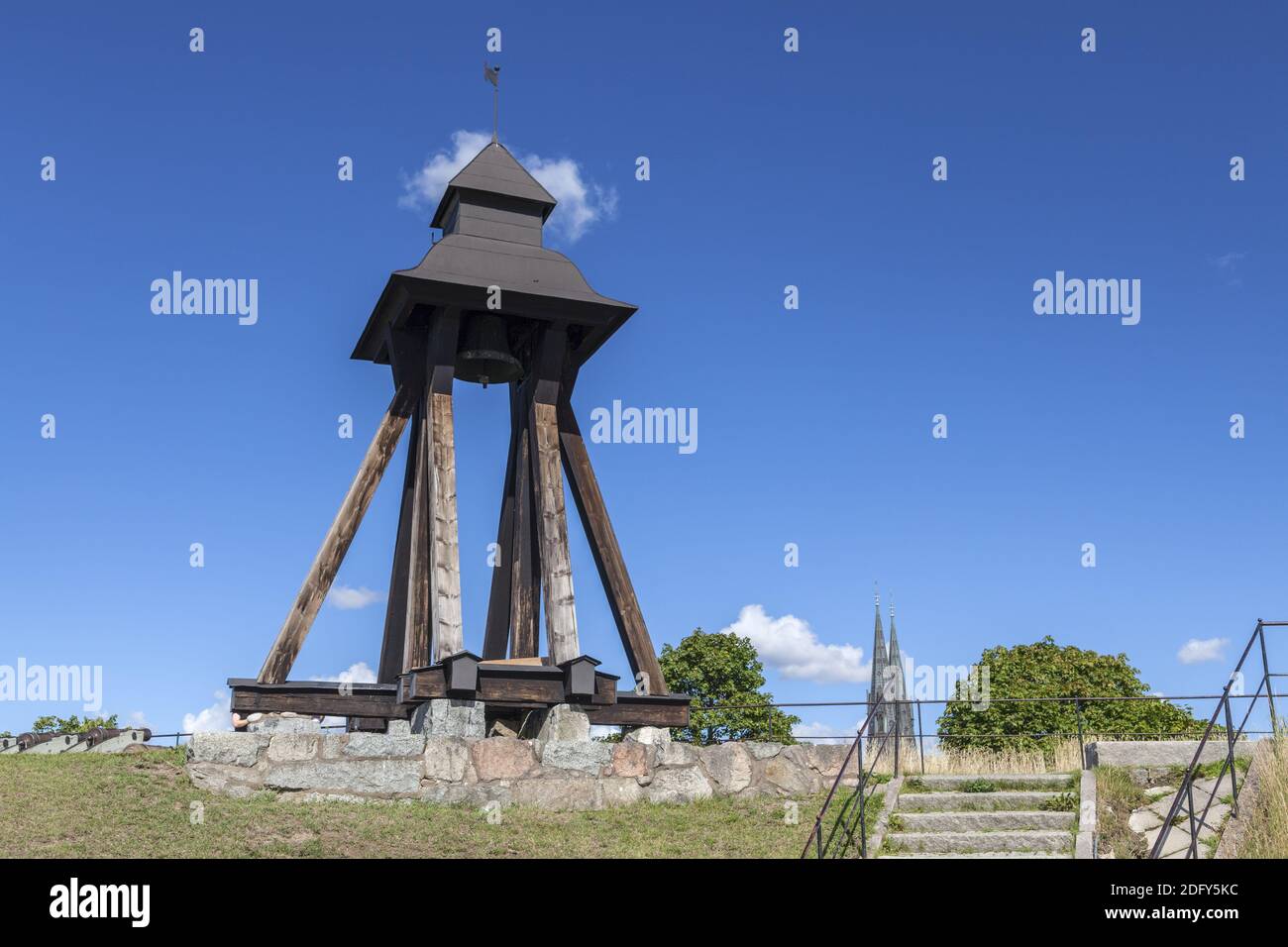 geography / travel, Sweden, Uppsala laen, Uppsala, freestanding bell tower in front of the Uppsala Cas, Additional-Rights-Clearance-Info-Not-Available Stock Photo