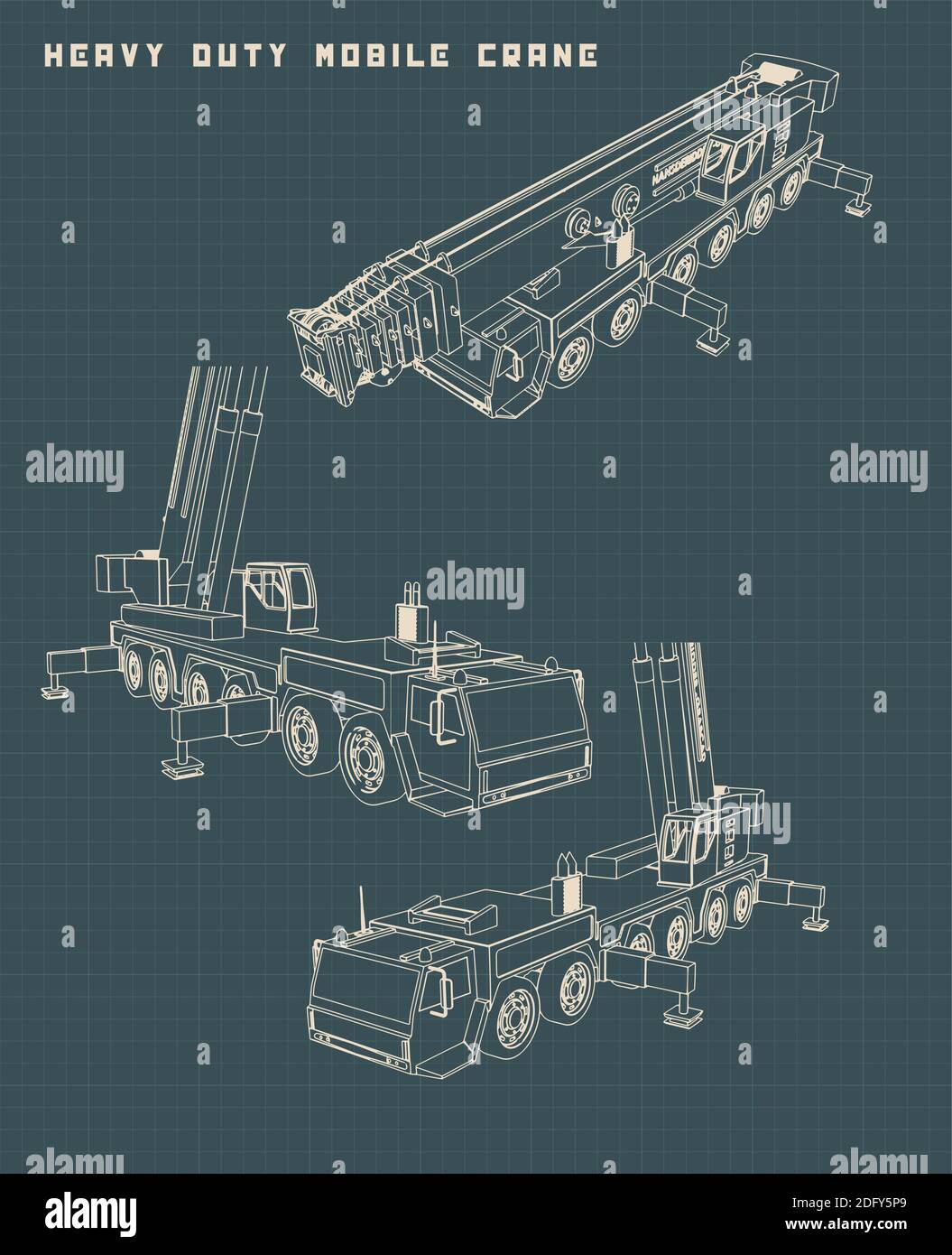 Stylized Vector illustration of Heavy Duty Mobile Crane drawings Stock