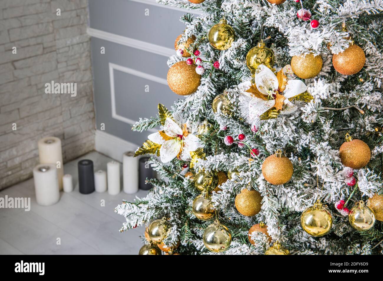Christmas tree background with golden balls, toys Stock Photo - Alamy