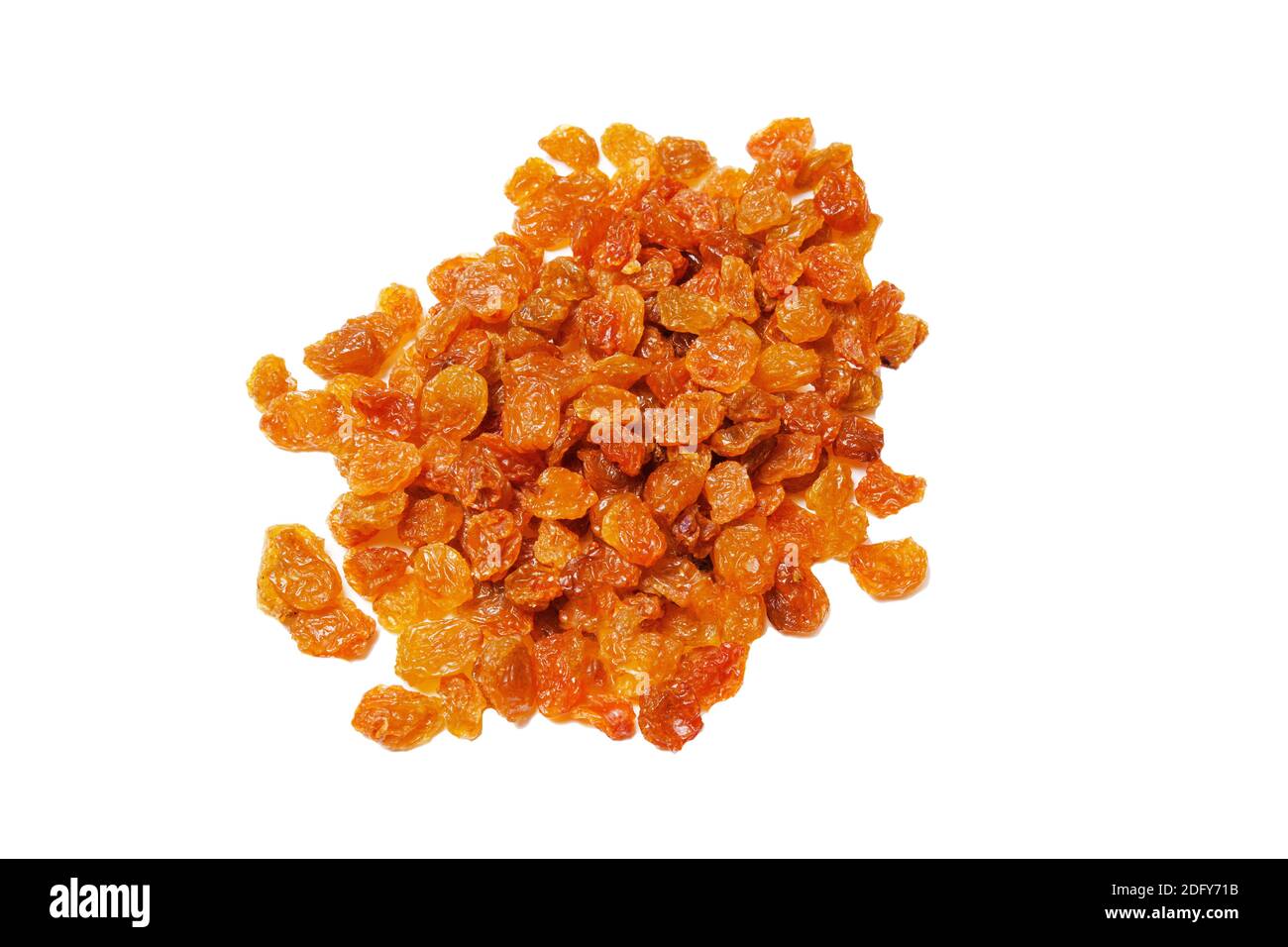 Pile of healthy raisins, dried golden raisins grapes isolated on white