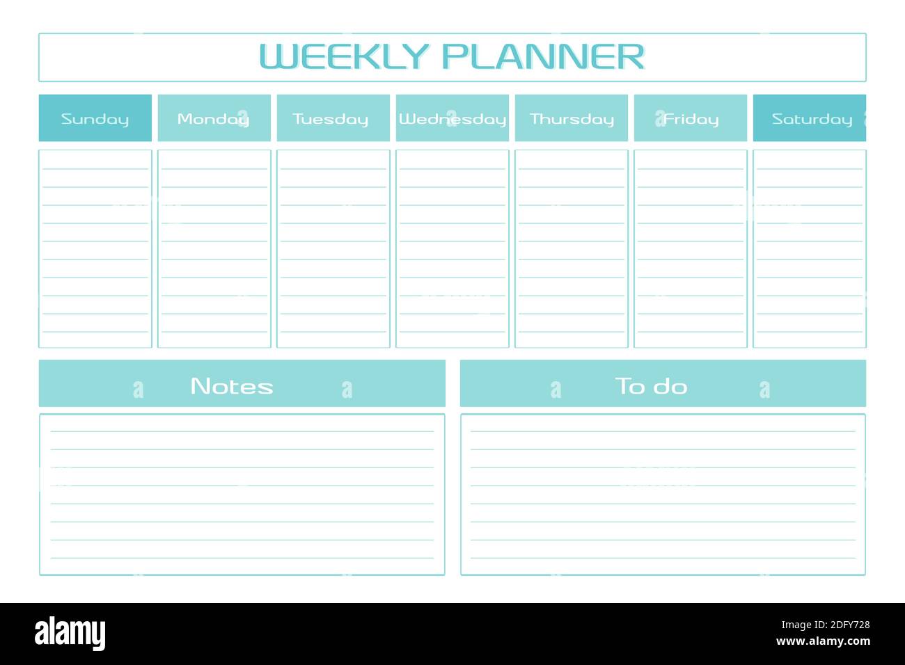 Weekly planner diary turquoise template. seven days personal schedule in a minimalist design. Week starts on sunday. Stock Vector