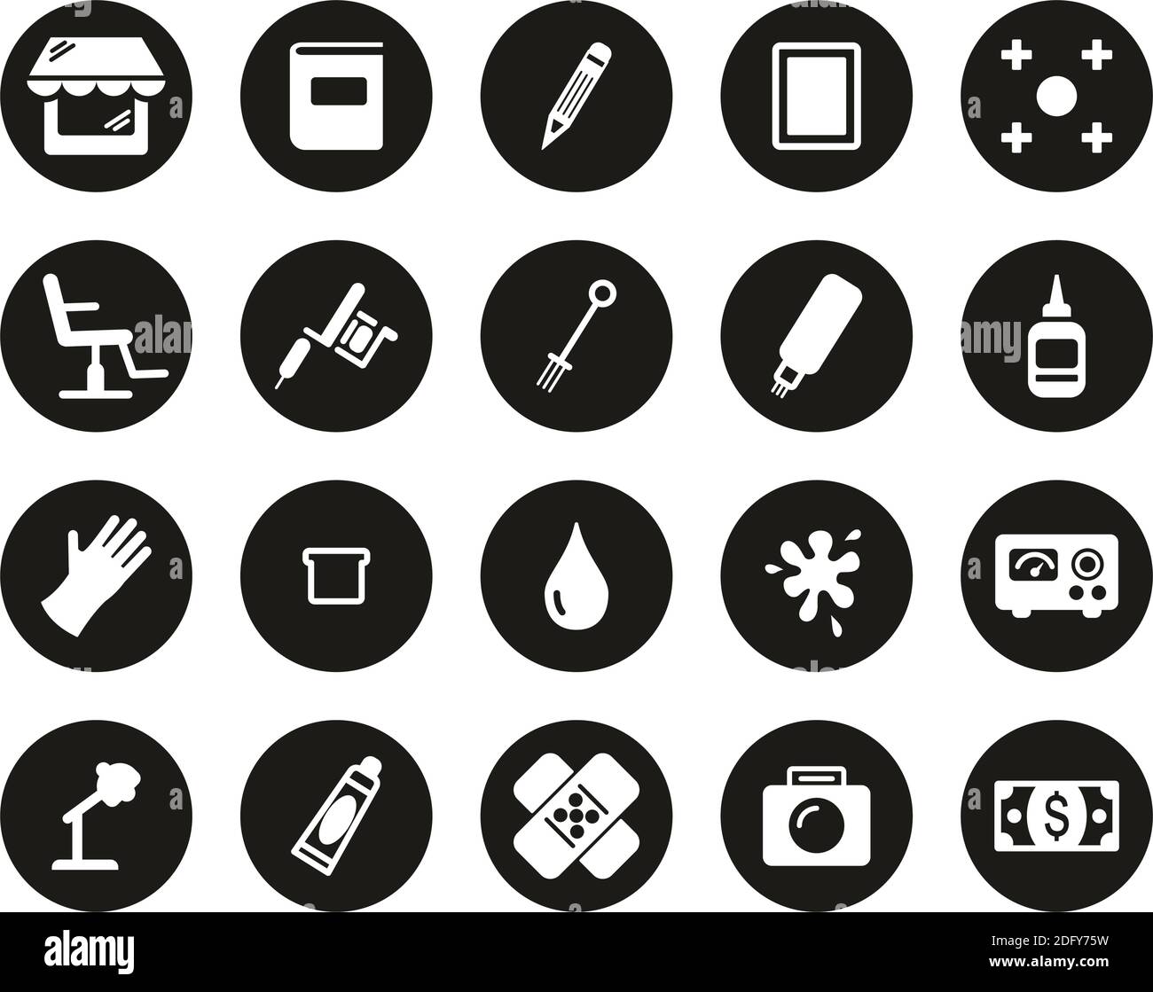 Tattoo Shop & Equipment Icons White On Black Flat Design Circle Set Big