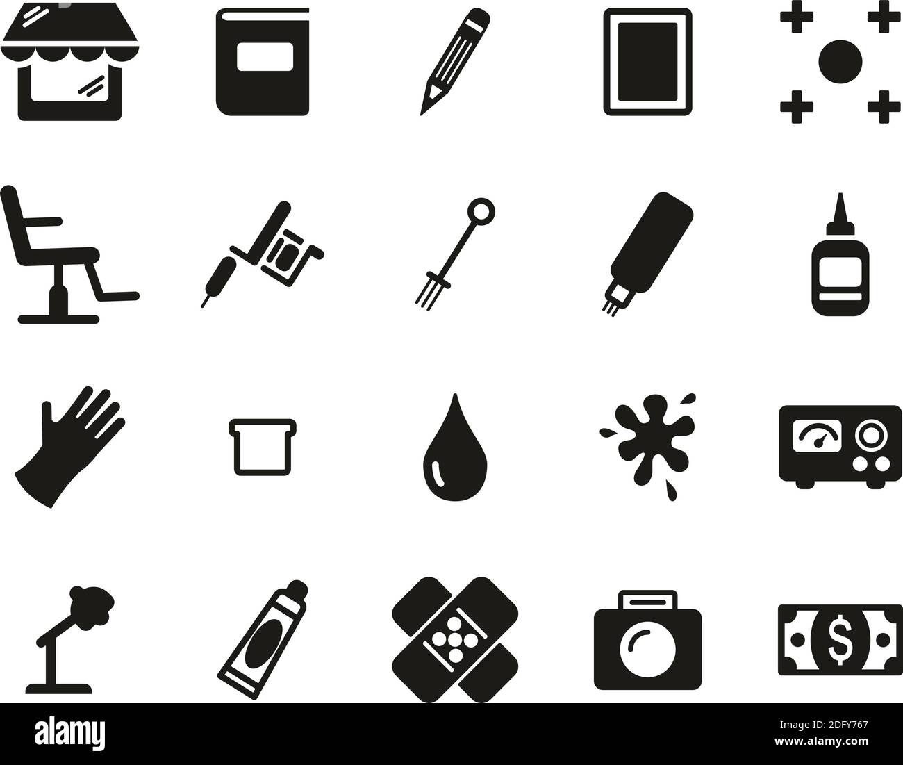 Tattoo Shop & Equipment Icons Black & White Set Big Stock Vector Image