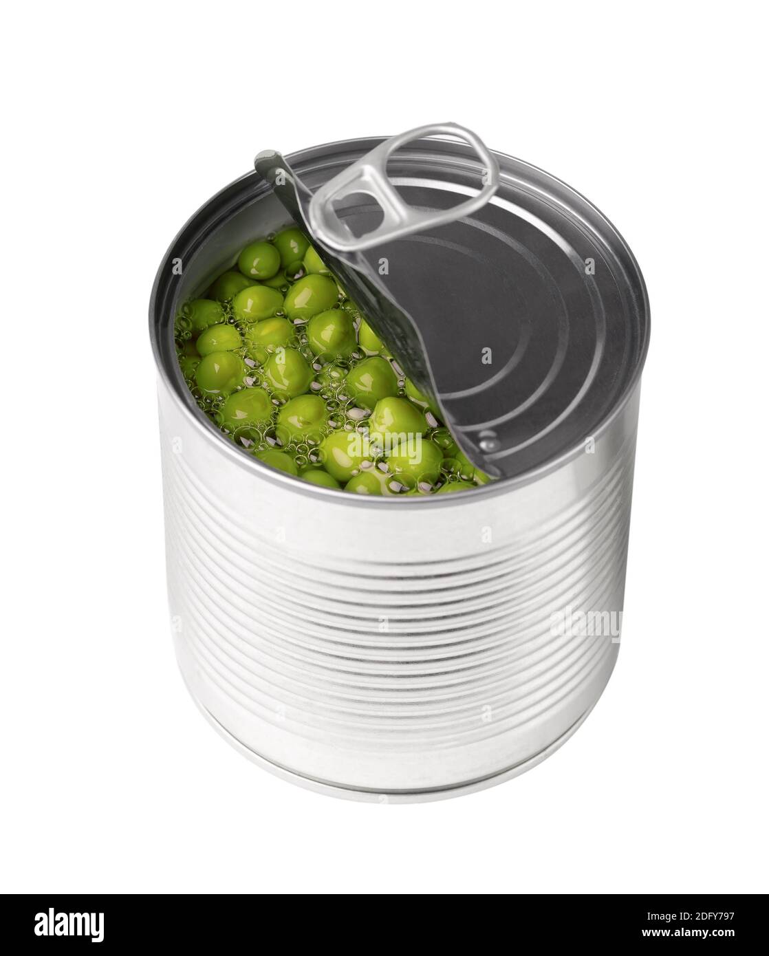 Canned green peas in metal cans, isolated on white background. Pickled