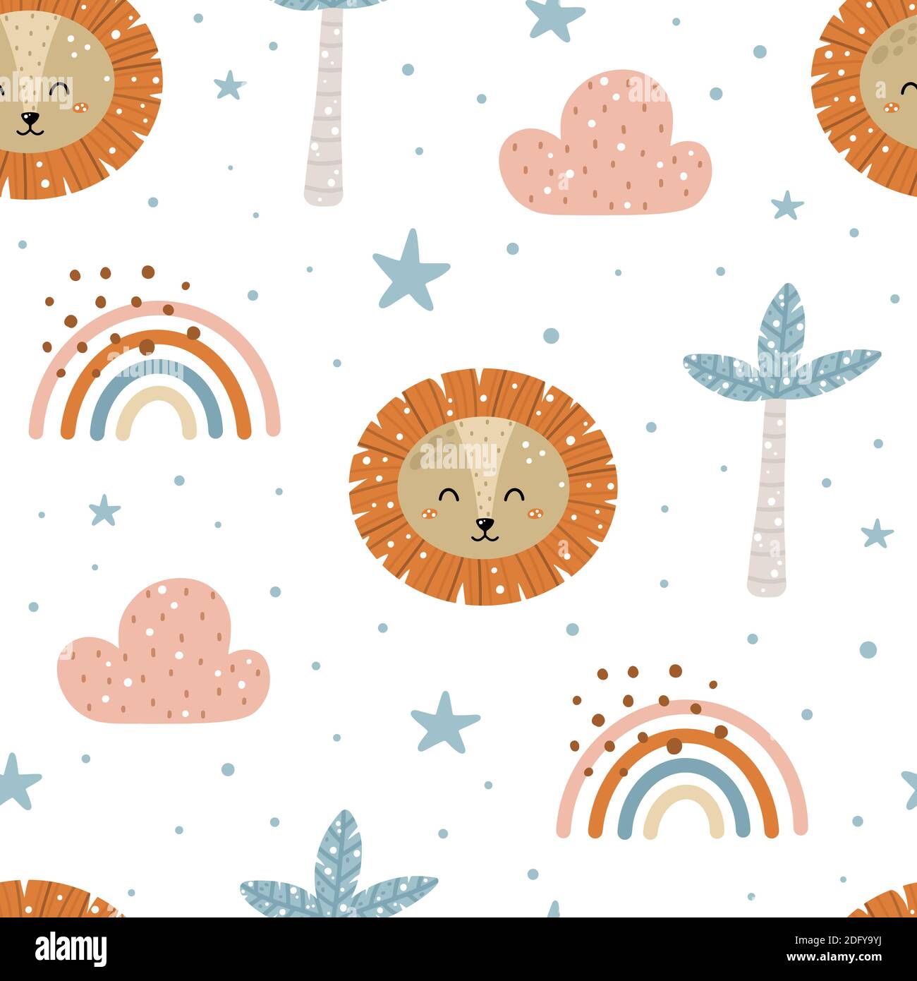 Cute nursery seamless pattern with lion, palm trees, clouds, rainbows ...