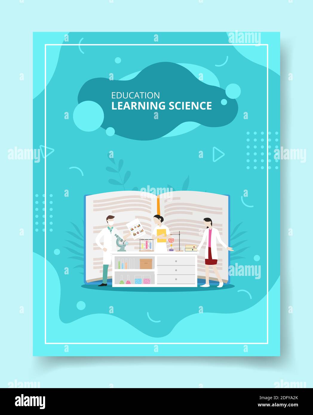 education learning science people scientist discussion in library for template of banners, flyer, books cover, magazines with liquid shape style vecto Stock Photo