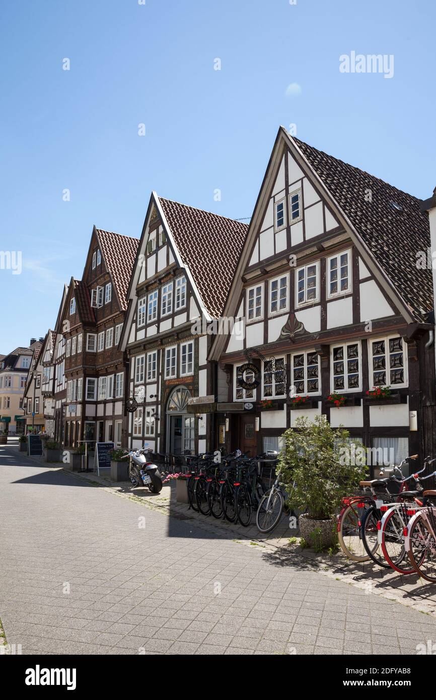 geography / travel, Germany, North Rhine-Westphalia, Detmold, old town, warped street, half-timbered h, Additional-Rights-Clearance-Info-Not-Available Stock Photo