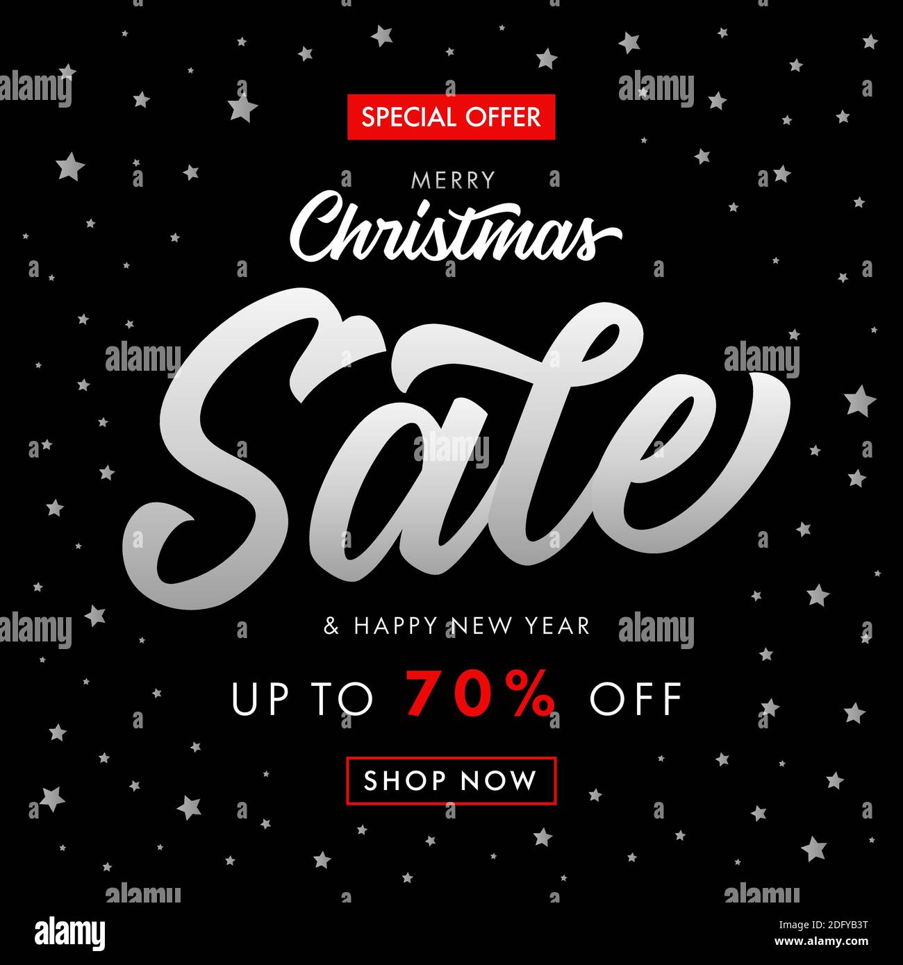 Christmas Sale Happy New Year Calligraphy Black Banner Winter Discount With Text Special Offer Up To 70 Off Silver Stars On Black Background Stock Vector Image Art Alamy